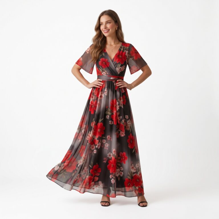 Vestido longo c/ flores vermelhos